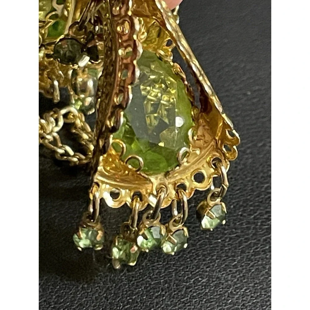 Vintage PARK LANE Necklace Rhinestone Green Gold Tone 22" Long Statement GLOW - Picture 10 of 16